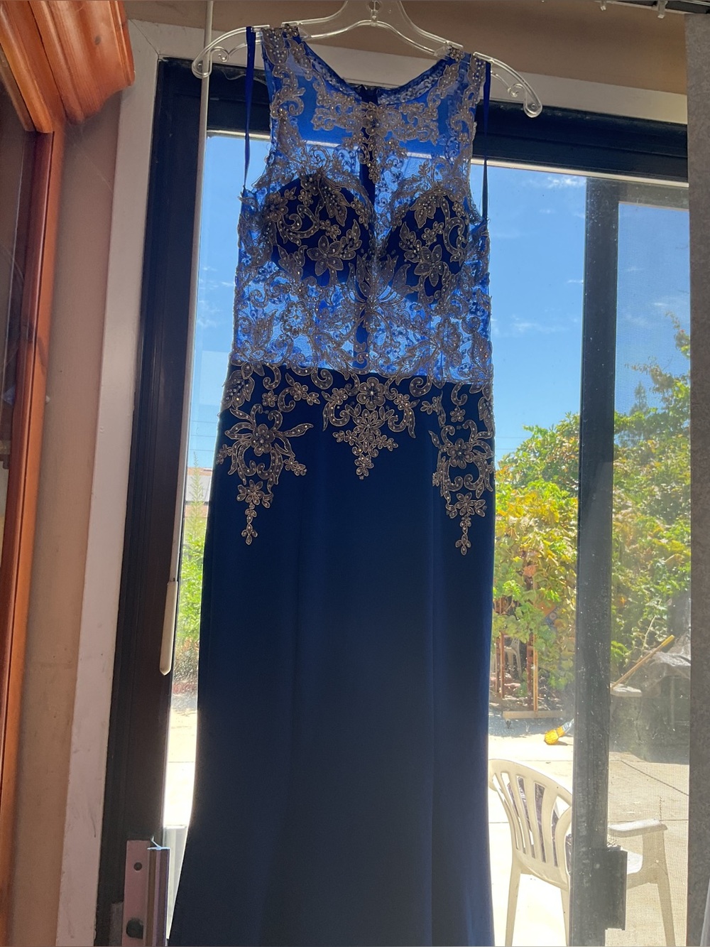 Navy Evening Prom Dress with Gold Lace Appliqué